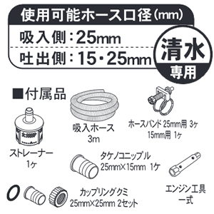 清水専用 使用可能ホース口径 吸入側 25mm 吐出側 15mm 25mm