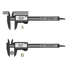 Aの内側にノギスを合わせ、ZEROボタンを押してゼロセットします。そのままBを測定することにより、AとBの寸法の差が測定できます。デジタルノギス　使用例
