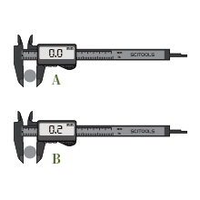 Aにノギスを合わせ、ZEROボタンを押してゼロセットします。そのままBを測定することにより、AとBの寸法の差が測定できます。間接測定　デジタルノギス使用例