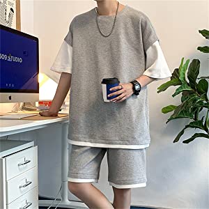 セットアップ メンズ 夏 半袖 Tシャツ ハーフパンツ 上下セット スウェット ゆったり フェイク レイヤード ジャージ おしゃれ 大きいサイズ