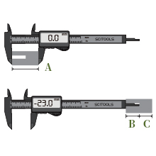 使用例③ Aにノギスを合わせ 、ZEROボタンを押してゼロセットします。そのままBを測定することにより、Ｃの寸法が測定できます(マイナスは無視してください)。デジタルノギス　使用例