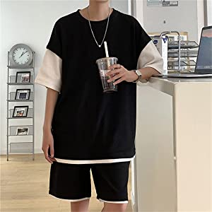 セットアップ メンズ 夏 半袖 Tシャツ ハーフパンツ 上下セット スウェット ゆったり フェイク レイヤード ジャージ おしゃれ 大きいサイズ