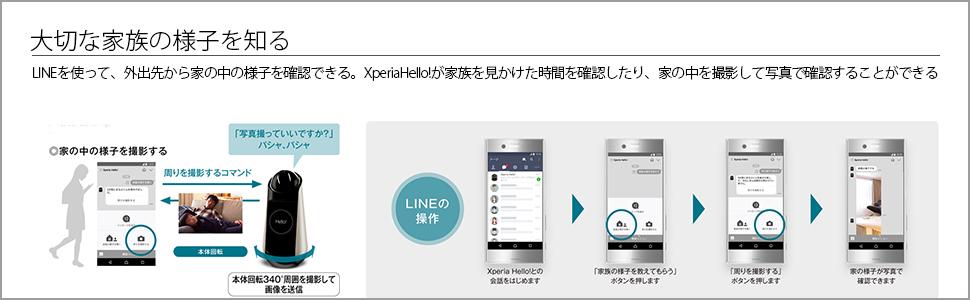 大切な家族の様子を知る LINE（＊）を使って、外出先から家の中の様子を確認できます。Xperia Hello!が家族を見かけた時間を確認したり、家の中を撮影して写真で確認することができます