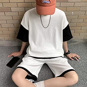 セットアップ メンズ 夏 半袖 Tシャツ ハーフパンツ 上下セット スウェット ゆったり フェイク レイヤード ジャージ おしゃれ 大きいサイズ