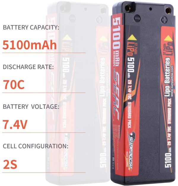 SUNPADOW S-ERCシリーズ5100mAh 7.4V 2S 70C リポバッテリーハードケース、RCトラックRCトラギー RC 無人ヘリコプターFPVレーシングに適用 - 画像 (2)