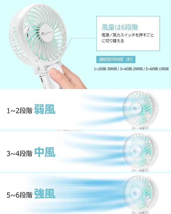 携帯扇風機 手持ち扇風機 充電式 【5in1機能搭載?20dB静音】 USB扇風機 5200mAhモバイルバッテリー内蔵 最大35時間動作 6段階風量調節 手持ち 卓上 クリップ 首掛け 扇風機 モバイルバッテリー ハンディファン 小型扇風機 ミニ 折り畳み スタンド機能 - 画像 (7)