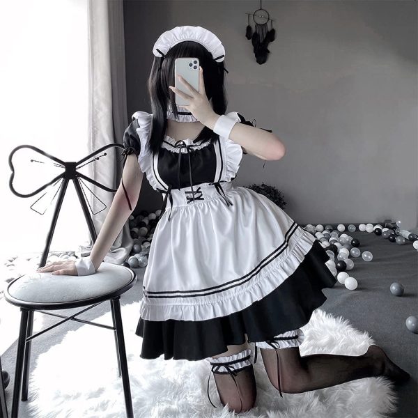 YAISHN メイド服 ゴスロリ 人気 ワンピース ハロウィン 仮装 レディース 可愛い ロリータ コスプレ 半袖 蝶結ぶ パーティー イベント 演出服 ストッキング付き カチューシャ - 画像 (2)