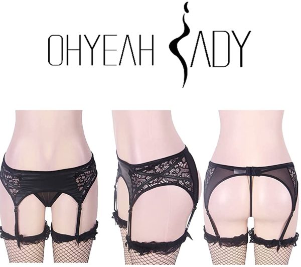 ohyeahlady レディース ガーターベルト 黒 レザー ガーターストッキング 網タイツ 大きいサイズ パンティーストッキング - 画像 (3)