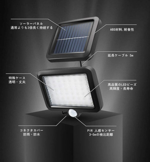 センサーライト 屋外 56LED×3ソーラーライト 5Mケーブル モーションディテクター付 3つ知能モード 太陽光発電 防水 人感センサー自動点灯 ガーデンライト 屋外ウォールライト 壁掛け/庭先/表玄関/駐車場などで活躍 - 画像 (2)