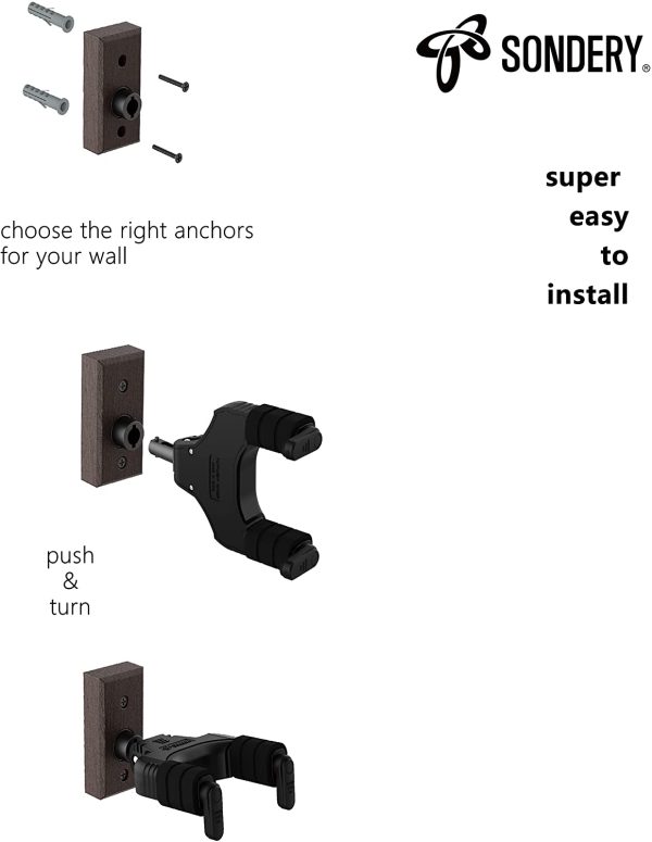Sondery ギター ハンガー 壁掛け スタンド フック かべかけ ホルダー ウクレレ ベース 自動ロック 木製の壁または木製のスタッド 石膏ボード レンガ壁に簡単に取り付け (1個入り) - 画像 (2)