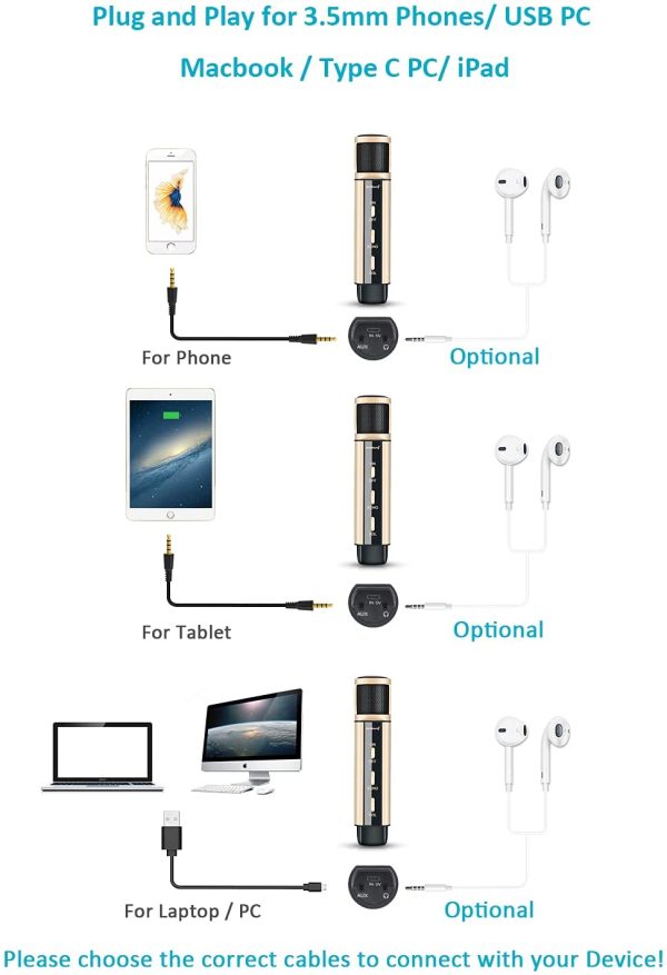 ZealSound コンデンサーマイク カラオケスマホマイク 全指向性 マイク 3.5AUX エコー 録音 3D立体チャンネルサラウンド エコー 音質調整 録音 生放送 集音マイク スタンド付属 270℃調整可能 小型Android/iPhone/PC/iPadに対応 (ゴールド)日本語取扱説明書 - 画像 (4)