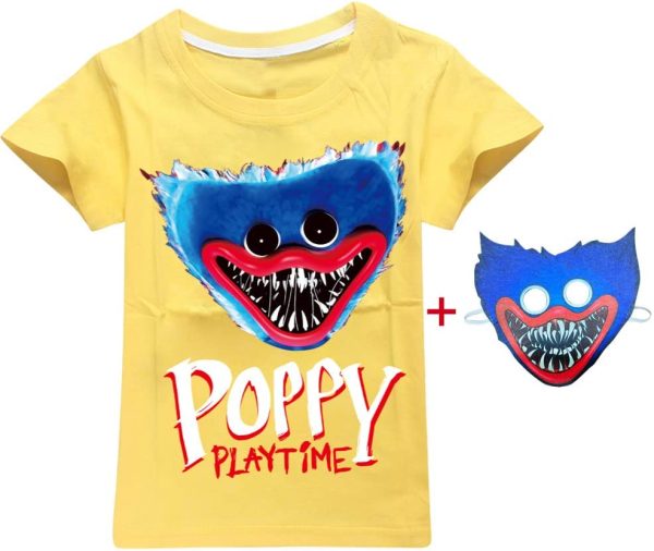 tシャツ キッズ Poppy Playtime 子供服 無地 120 ハギーワギー ポピープレイタイム 半袖丸首 綿100% 女の子 男の子 薄手 夏服 ティーシャツ 吸汗速乾 柔らかい やわらか肌着 インナーシャツ カジュアル 通学 日常 仮面付き (イエロー,100) - 画像 (3)