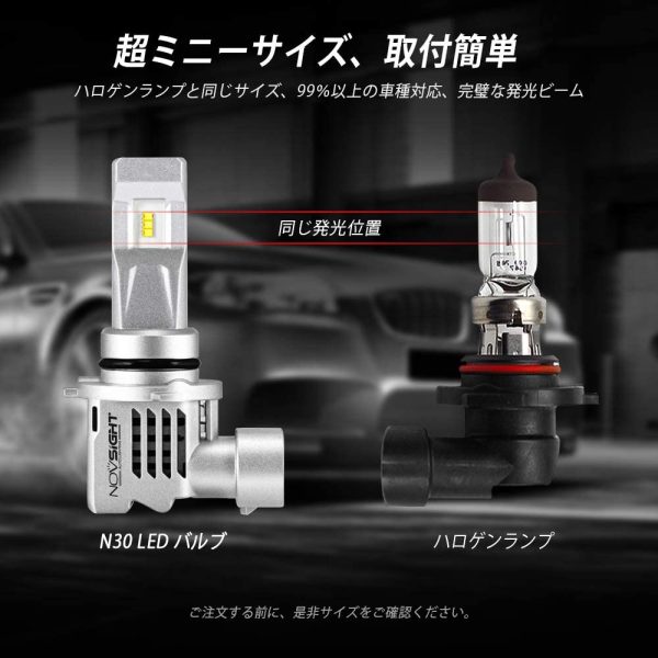 NOVSIGHT HB3 LEDヘッドライトホワイト HB3 フォグランプ 55W 12000LM 無極性 新車検対応 切れのいいカットライン 高品質LEDチップ搭載 高輝度 6500K DC9-32V 360°発光 2個セット - 画像 (2)