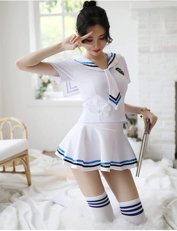 セーラー服 セクシー ーラー服 半袖 可愛い かわいい コスプレ ミニ スカート 学生 海軍風 JK 制服 女子高生 女性 女子(ホワイト) - 画像 (4)