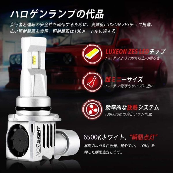 NOVSIGHT HB3 LEDヘッドライトホワイト HB3 フォグランプ 55W 12000LM 無極性 新車検対応 切れのいいカットライン 高品質LEDチップ搭載 高輝度 6500K DC9-32V 360°発光 2個セット - 画像 (5)