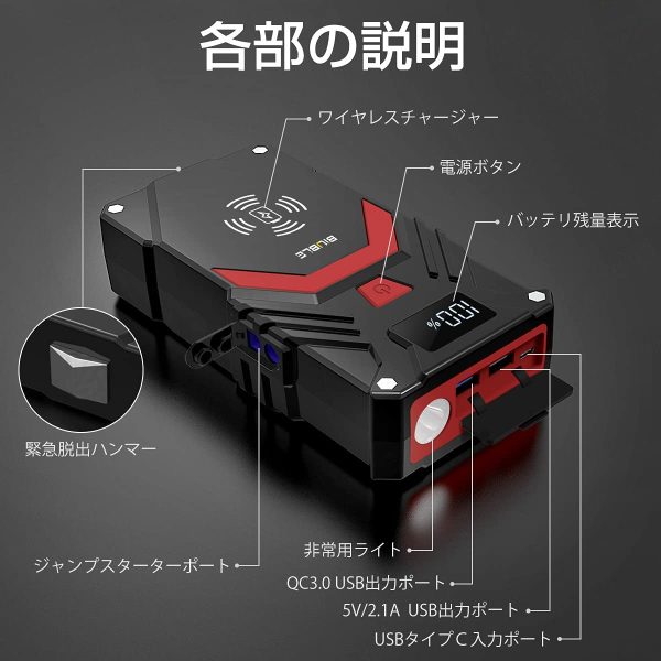 ジャンプスターター 2500A ピーク電流(Allガソリン車?8.5Lディーゼル車対応) 12V 24000mAh 車用ジャンプスターター ワイレス＆QC3.0充電 モバイルバッテリー機能 非常用ライト搭載 安全保護 日本語取扱説明書 二年保証 (2500A) - 画像 (6)