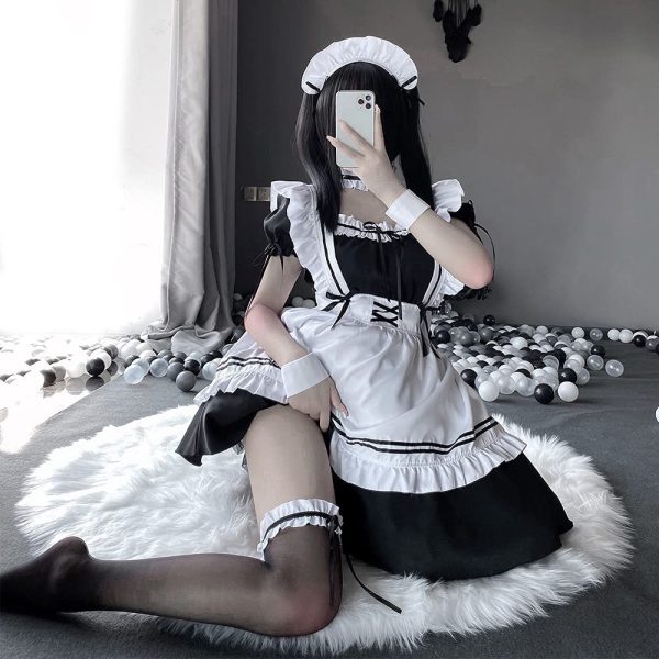 YAISHN メイド服 ゴスロリ 人気 ワンピース ハロウィン 仮装 レディース 可愛い ロリータ コスプレ 半袖 蝶結ぶ パーティー イベント 演出服 ストッキング付き カチューシャ - 画像 (7)