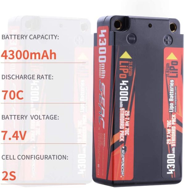 SUNPADOW 2S 7.4V ミニリチウム電池 4300mah ハードケース 4mmジャックプラグは各種RCリモコンカーモデルに適しています。