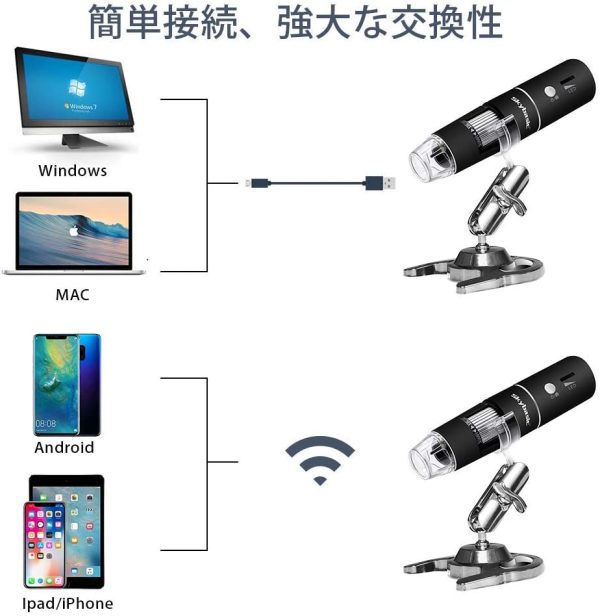 SKYBASIC Wifi デジタル 顕微鏡 2MP 50-1000倍 充電式usb 電子顕微鏡 拡大鏡 内視鏡 マイクロスコープ 8 LED IOS Android Windows対応 肌チェック/生物観察/細かい部品チェック実験に 【日本語説明書】