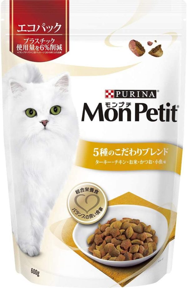 モンプチ バッグ 成猫用 5種のこだわりブレンド ターキー?チキン?お米?かつお?小魚味 600g [キャットフード?ドライ]