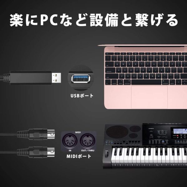 MIDI ケーブル USB インターフェース MIDI USB コード 電子楽器とPC 簡単接続 キーボード ケーブル ミディケーブル 1 in 1 out 高伝送効率 変換ケーブル2M インストール不要 高互換性 MIDI Cable 楽器用 - 画像 (5)