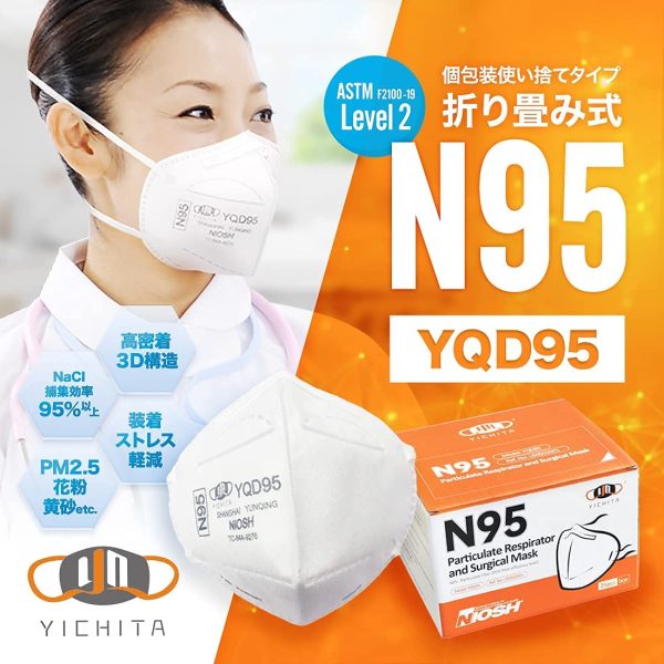 YICHITA YQD95 25枚入 1箱 医療用N95マスク 個包装 折畳式 頭掛け式 360度3D設計 NIOSH認証 FDA認証 ASTM F2100-19 LevelⅡ適合 - 画像 (3)