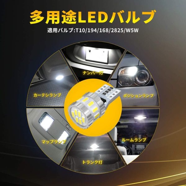 T10 LED ホワイト 爆光 キャンセラー内蔵 ポジションランプ ナンバー灯 ルームランプ 高耐久 無極性 3014LED素子6000K DC12V 2.4W ２個入 - 画像 (5)