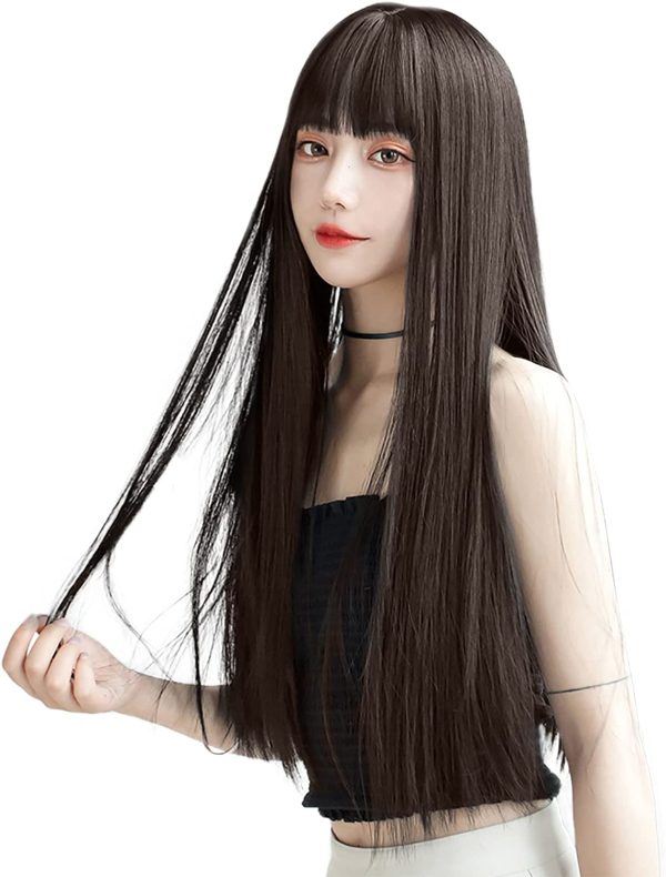 ウィッグ ロング ストレート かつら フルウィッグ 自然 コスプレ ぱっつん 小顔 人気 耐熱 wig 原宿系 ファッション ネット/櫛付き (アッシュブラウン) - 画像 (4)