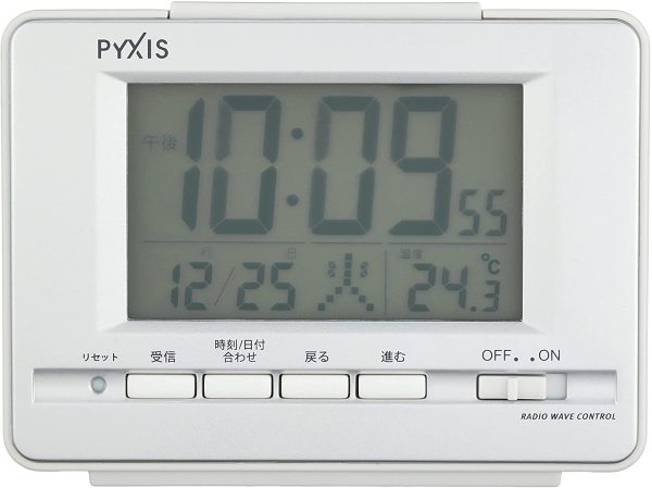 セイコークロック 置き時計 01:銀色メタリック 本体サイズ:9.0×12.3×4.6cm 電波 デジタル 温度 表示 PYXIS ピクシス BC411S - 画像 (6)