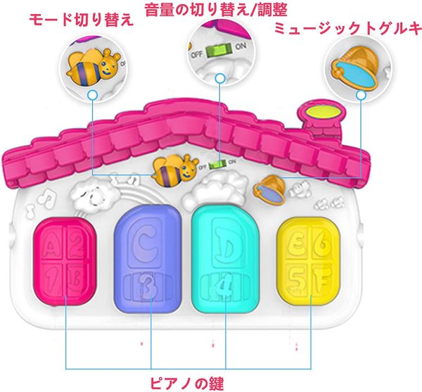 ベビージム プレイマット 赤ちゃん ベビーマット 幼児 おもちゃ トイピアノ 感覚刺激 室内 出産祝いプレゼント (ピンク)…… - 画像 (7)