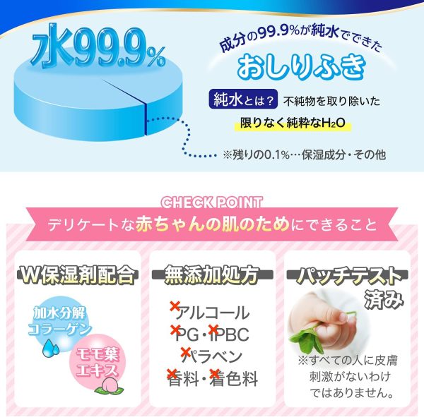 純水 99.9% トイレに流せる おしりふき 60枚×15個 (900枚) コラーゲン モモ葉エキス W保湿成分配合 弱酸性 日本製 - 画像 (2)