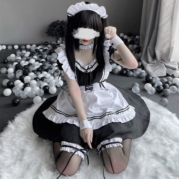 YAISHN メイド服 ゴスロリ 人気 ワンピース ハロウィン 仮装 レディース 可愛い ロリータ コスプレ 半袖 蝶結ぶ パーティー イベント 演出服 ストッキング付き カチューシャ - 画像 (4)