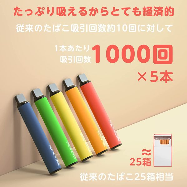 電子タバコ 使い捨て VAPE 5本セット プレミアムフレーバー 5000回吸引可能 爆煙 大容量 水蒸気タバコ 禁煙 ニコチンゼロ ビタミン入り リキッド メンテナンス不要 オートスイッチ ベイプ KINOE - 画像 (2)