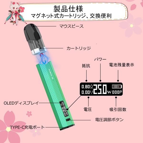 電子タバコ vape ベイプ でんしたばこ スターターキット 最大約8回充填 吸引回数約2400回/個 パワー調節機能付き 爆煙 禁煙グッズ 禁煙タバコ 小型 軽量 持ち運び便利 700mAh長持ちバッテリー LEDディスプレイ USB Type-C充電式 交換用カートリッジ1個入り 日本語説明書付き（グリーン） - 画像 (3)