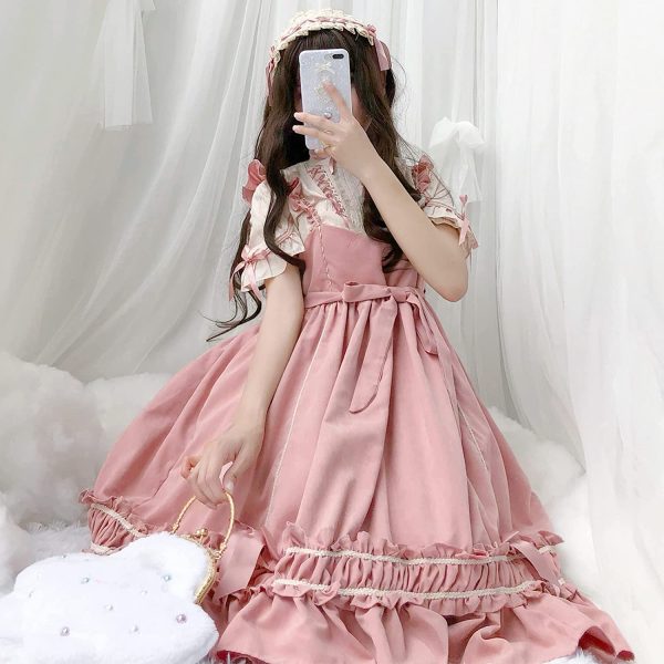 ワンピース ロリータ 长袖 ゴスロリ コスプレ アニメ 森ガール ロリータ 大きいサイズ ドレス 女装 服 cosplay lolita ゴシック ワンピース ジャンパースカート かわいい コスプレ ブラウス クリスマス ハロウィン お嬢様 蝶結び (ピンク, S) - 画像 (7)