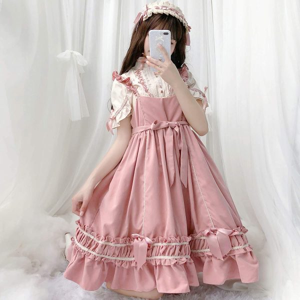 ワンピース ロリータ 长袖 ゴスロリ コスプレ アニメ 森ガール ロリータ 大きいサイズ ドレス 女装 服 cosplay lolita ゴシック ワンピース ジャンパースカート かわいい コスプレ ブラウス クリスマス ハロウィン お嬢様 蝶結び (ピンク, S)