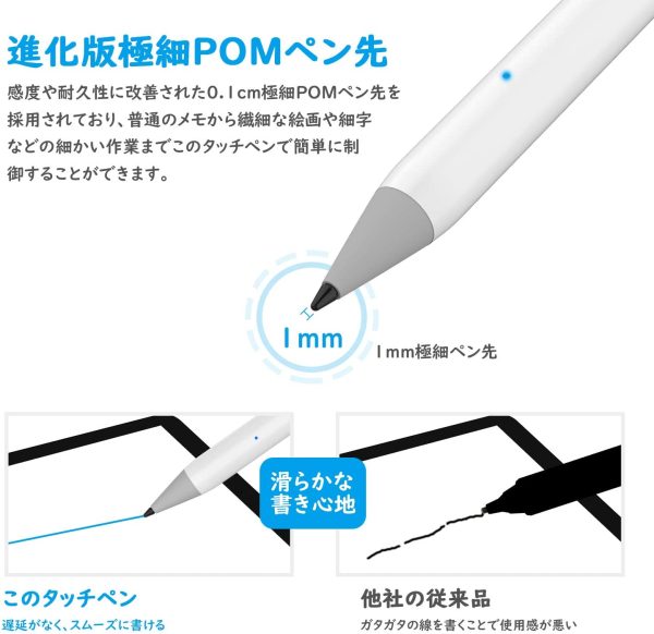 USGMoBi タッチペン iPad対応 ペンシル パームリジェクション搭載 オートスリープ機能 高感度 1mm極細ペン先 軽量 遅れなし USB充電式 スタイラスペン 操作簡単 お絵かき用 文字入力 メモ取り ゲーム用 iPad（第6/7/8/9世代）/iPad mini5/iPad mini6/iPad Air3/iPad Air4/iPad Air5/iPad Pro等 2018年以降iPad機種に対応 ホワイト - 画像 (5)