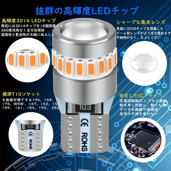 T10 LED アンバー 最新型レンズ集光 無極性 LED バルブ 19個のLEDチップ搭載 360°無死角照射 DC 12V 車用 ルームランプ/ナンバー灯/ポジションランプ (2個入）… - 画像 (7)