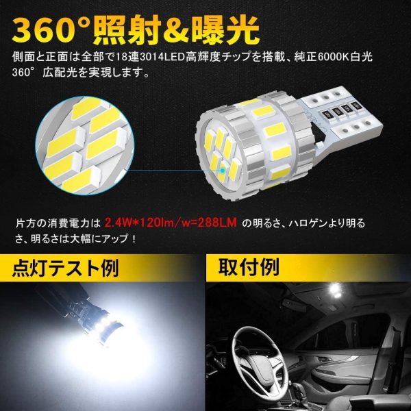 T10 LED ホワイト 爆光 キャンセラー内蔵 ポジションランプ ナンバー灯 ルームランプ 高耐久 無極性 3014LED素子6000K DC12V 2.4W ２個入