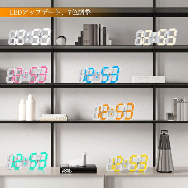 7色LEDデジタル時計 3D LED時計15インチ壁掛け時計 置き時計目覚まし時計リモコン付き年/月/日温度表示、自動色変更、3D LED Wall Clockナイトランプ寝室、キッチン、居間などに適しています。（ACアダプター付属無し） - 画像 (5)