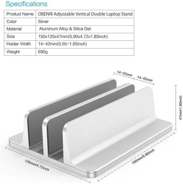 ノートパソコン スタンド PCスタンド 縦置き ２台収納 ホルダー幅調整可能 アルミ合金素材  Vertical Laptop Double Stand for MacBook Pro Air Mini Clamshell Mode & All Notepc - 画像 (7)