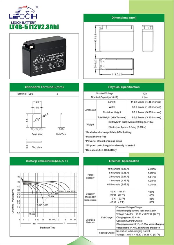 YT4B-BS互換 12V 2.3Ah シールド型 バイク用バッテリー LT4B-5 AGM 液入り 充電済み BT4B-BS / GT4B-5 / FT4B-5 / KT4B-5 互換 - 画像 (4)