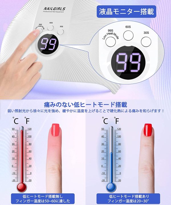 NAILGIRLS LED & UV ネイルライト 75W ジェルネイル用ライト uvライト レジン用 硬化ライト プロ用 人気 業界注目低ヒート機能 全ジェル対応 三階段タイマー 手足両用 - 画像 (4)