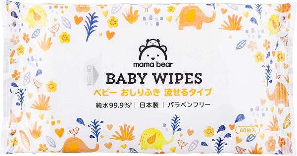 【流せるおしりふき】Mama Bear (ママベアー) ベビー おしりふき 純水99.9% 流せるタイプ 60枚入x24個 (1440枚) [ケース品] [Amazonブランド] 日本製 パラベンフリー