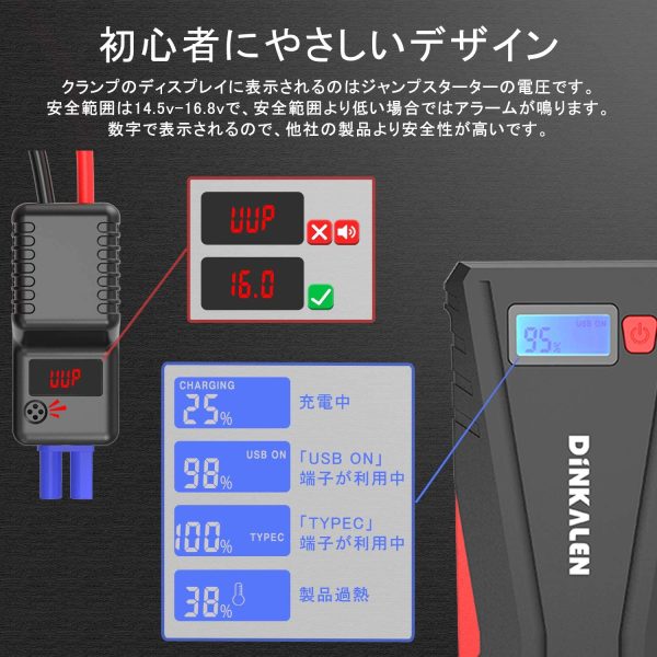 ジャンプスターター 12V車用 エンジンスターター QC3.0充電 12800mAh ピーク電流800A ポータブル 緊急ライト搭載 スマホ急速充電器 24ヶ月保証付 日本語取扱説明書 (赤) - 画像 (3)