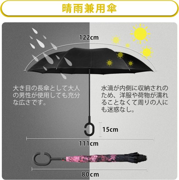 YOKITOMO 長傘 レディース 逆さ傘丈夫 撥水 内外２枚の布の構成で耐風 熱中症対策 完全遮光 遮熱効果 閉じると自立可能 晴雨兼用傘 車用()人気ギフト - 画像 (6)