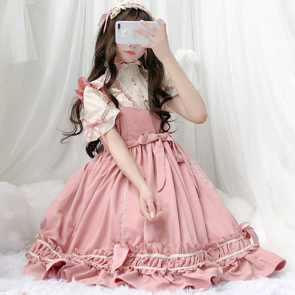 ワンピース ロリータ 长袖 ゴスロリ コスプレ アニメ 森ガール ロリータ 大きいサイズ ドレス 女装 服 cosplay lolita ゴシック ワンピース ジャンパースカート かわいい コスプレ ブラウス クリスマス ハロウィン お嬢様 蝶結び (ピンク, S) - 画像 (2)