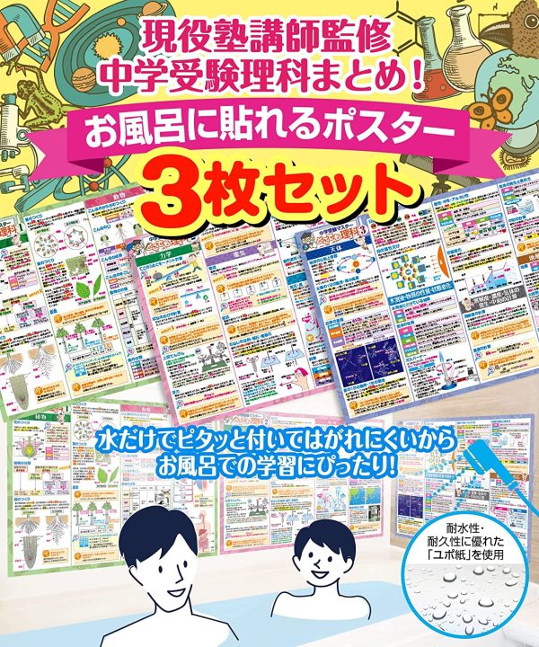 中学受験マスターどこでも理科1?3 お風呂ポスター 3枚セット 中学受験に必要な理科まとめ B3サイズ（横51.5cm×縦36.4cm）中学受験 理科 防水 お風呂の学校 - 画像 (7)