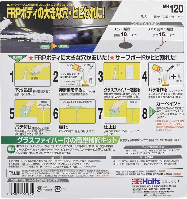 ホルツ 補修用品 FRP補修キット スポイラーパテ レジン&グラスファイバー付 Holts MH120 自動車バイク向けエアロ スポイラー サーフボード等 - 画像 (3)